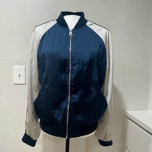 The Kooples Burnt Sunrise Satin Bomber Jacket Unisex Lightweight Casual Baseball